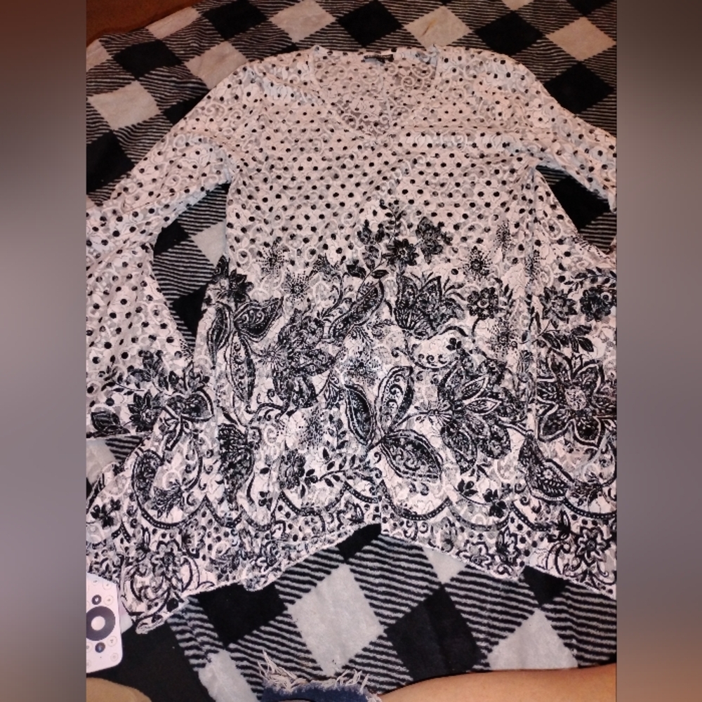 Dor Dor Couture Black and White Blouse with Floral and Polka Dot Design.